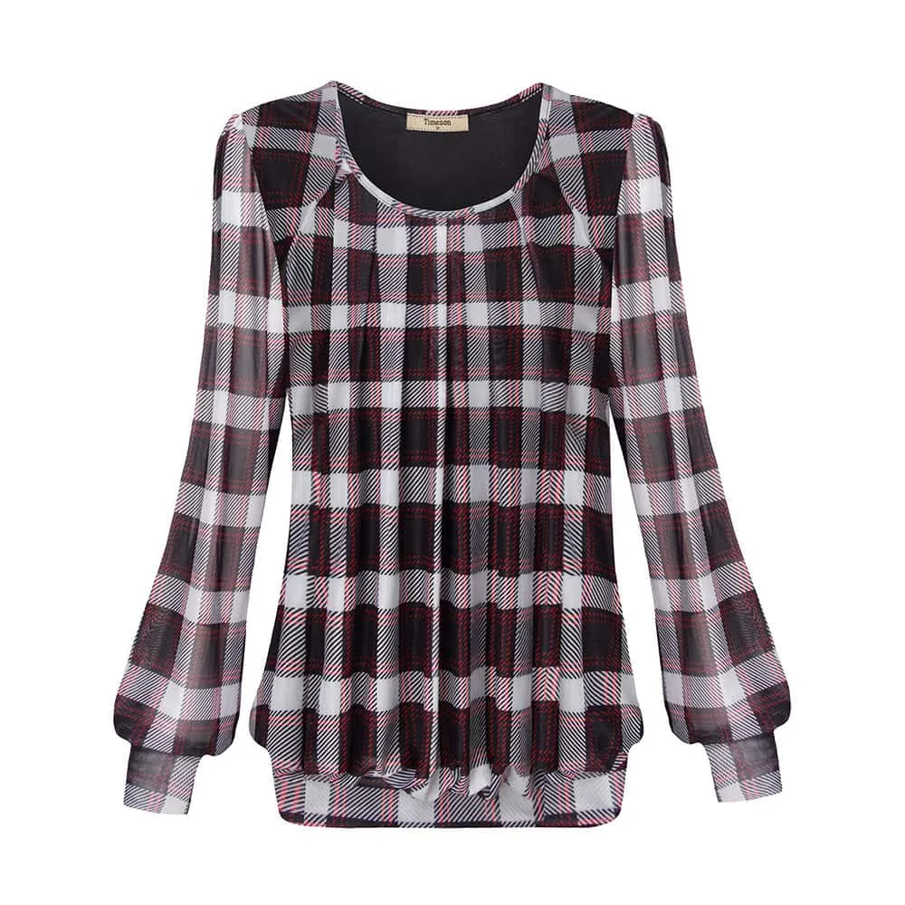 Long Sleeve Scoop Neck Pleated Front  Blouse