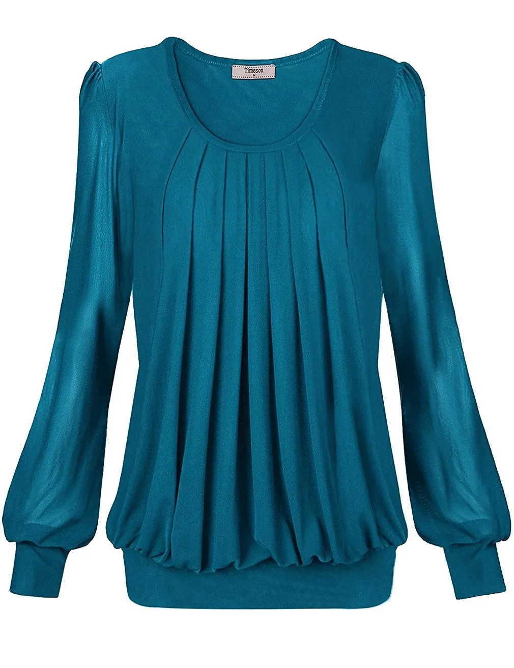 Long Sleeve Scoop Neck Pleated Front  Blouse