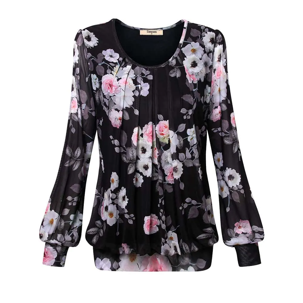 Long Sleeve Scoop Neck Pleated Front  Blouse