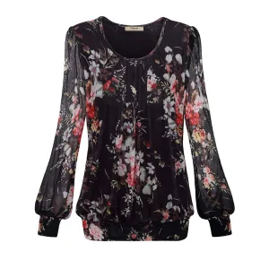 Long Sleeve Scoop Neck Pleated Front  Blouse