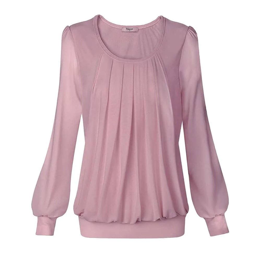 Long Sleeve Scoop Neck Pleated Front  Blouse