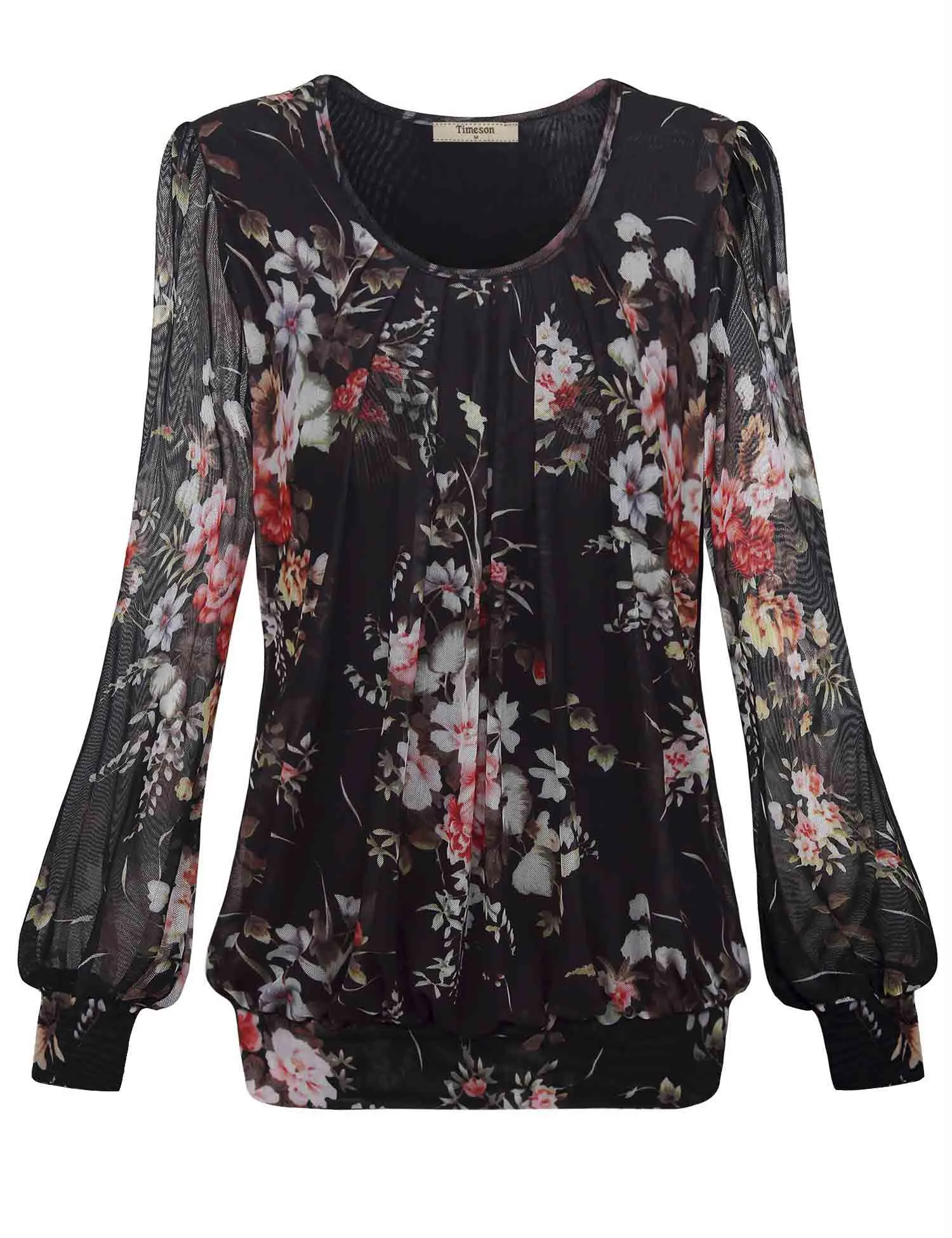 Long Sleeve Scoop Neck Pleated Front  Blouse