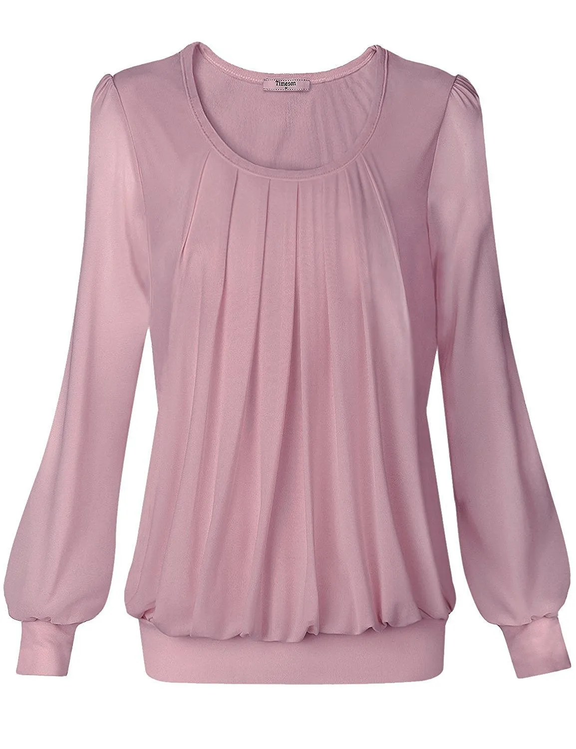 Long Sleeve Scoop Neck Pleated Front  Blouse