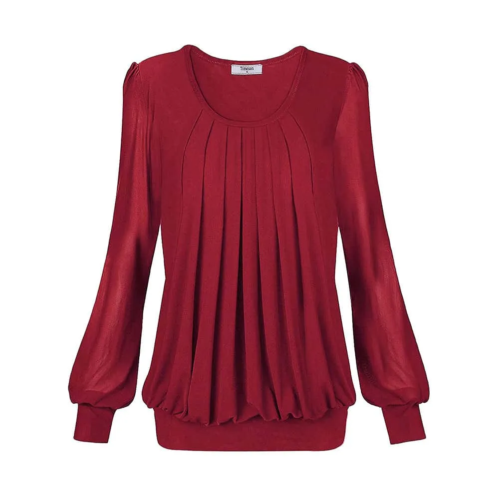 Long Sleeve Scoop Neck Pleated Front  Blouse