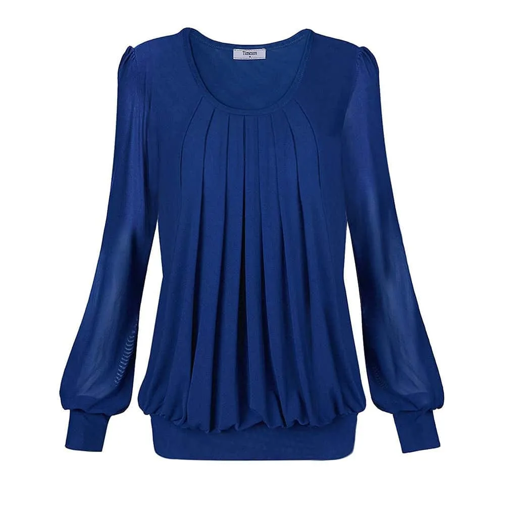 Long Sleeve Scoop Neck Pleated Front  Blouse