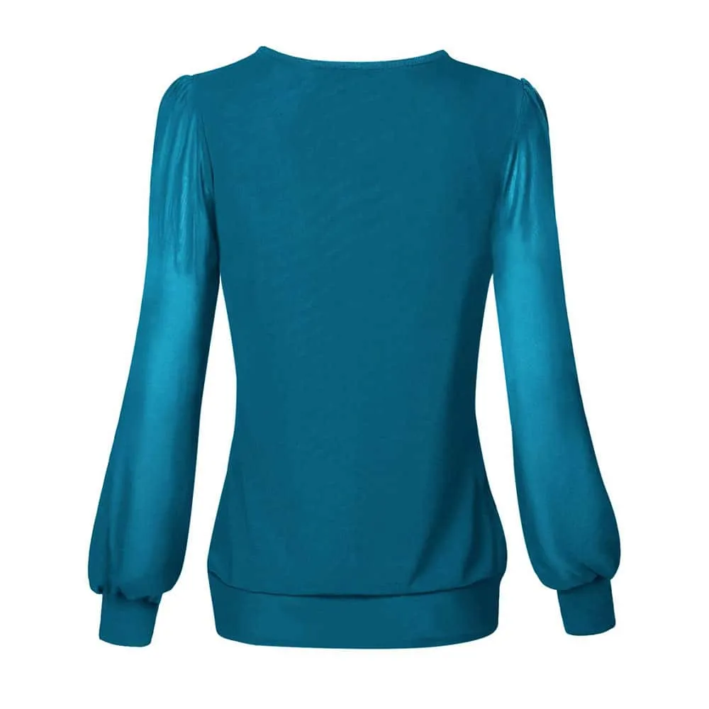 Long Sleeve Scoop Neck Pleated Front  Blouse