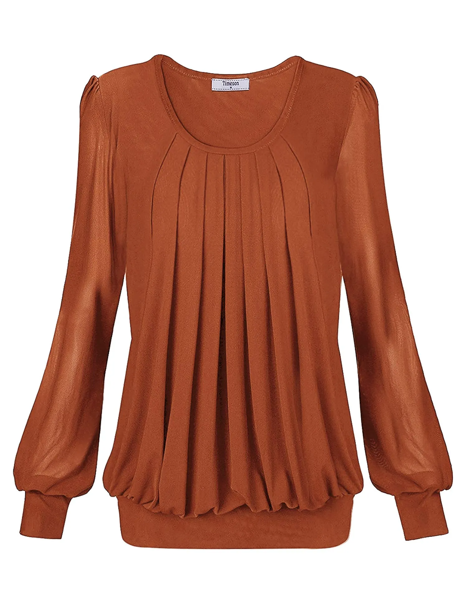 Long Sleeve Scoop Neck Pleated Front  Blouse