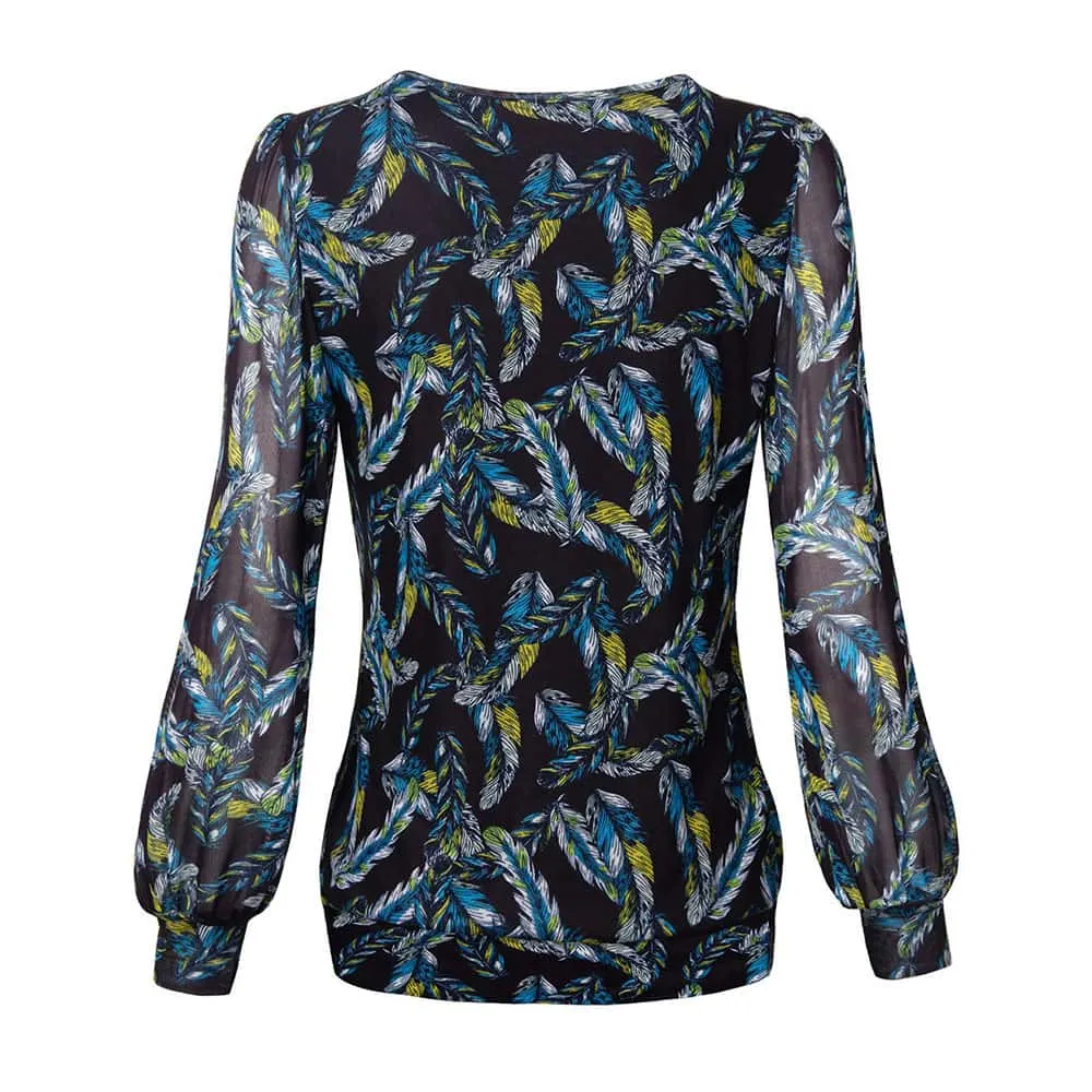 Long Sleeve Scoop Neck Pleated Front  Blouse