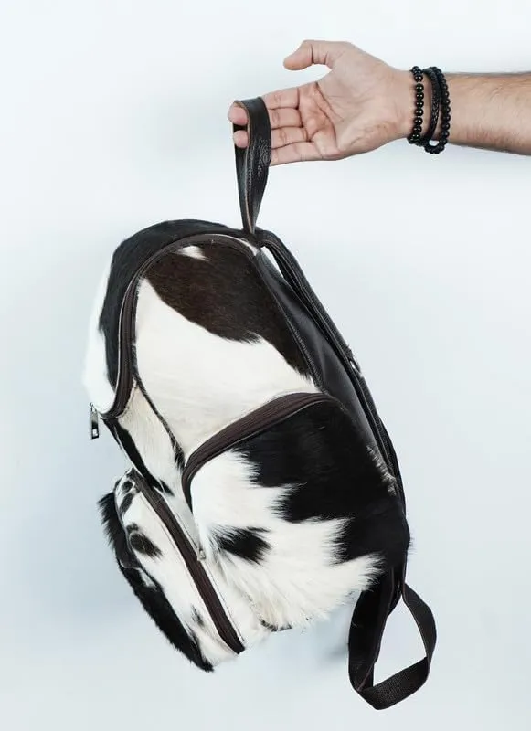 LP-FACON Western Black & White Cowhide Leather Backpack - Cow Hair On Leather Diaper Bag - Cow Print Western Backpack