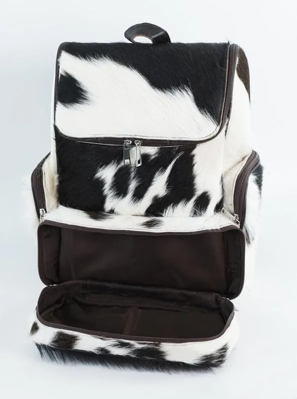 LP-FACON Western Black & White Cowhide Leather Backpack - Cow Hair On Leather Diaper Bag - Cow Print Western Backpack
