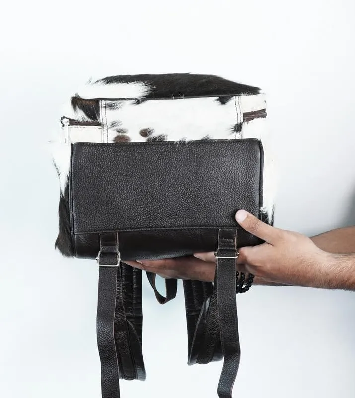 LP-FACON Western Black & White Cowhide Leather Backpack - Cow Hair On Leather Diaper Bag - Cow Print Western Backpack