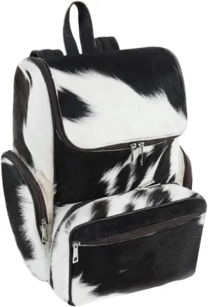 LP-FACON Western Black & White Cowhide Leather Backpack - Cow Hair On Leather Diaper Bag - Cow Print Western Backpack