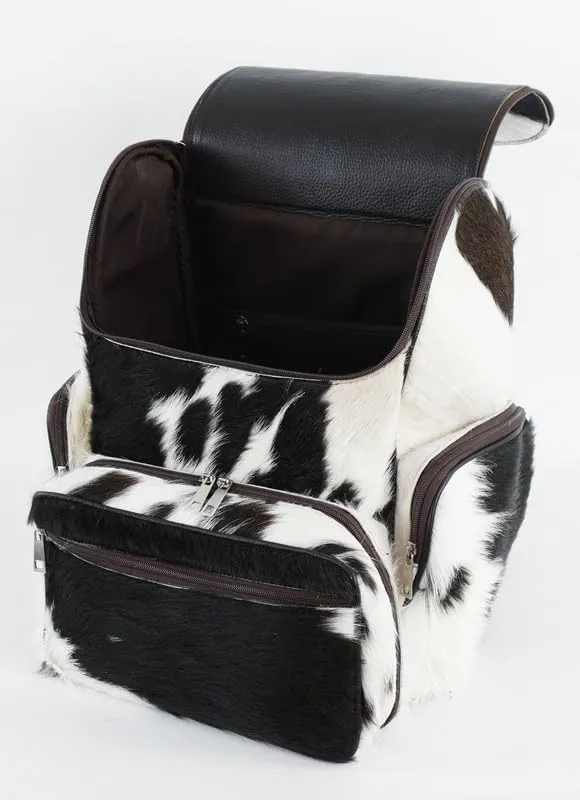 LP-FACON Western Black & White Cowhide Leather Backpack - Cow Hair On Leather Diaper Bag - Cow Print Western Backpack