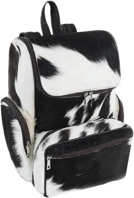 LP-FACON Western Black & White Cowhide Leather Backpack - Cow Hair On Leather Diaper Bag - Cow Print Western Backpack