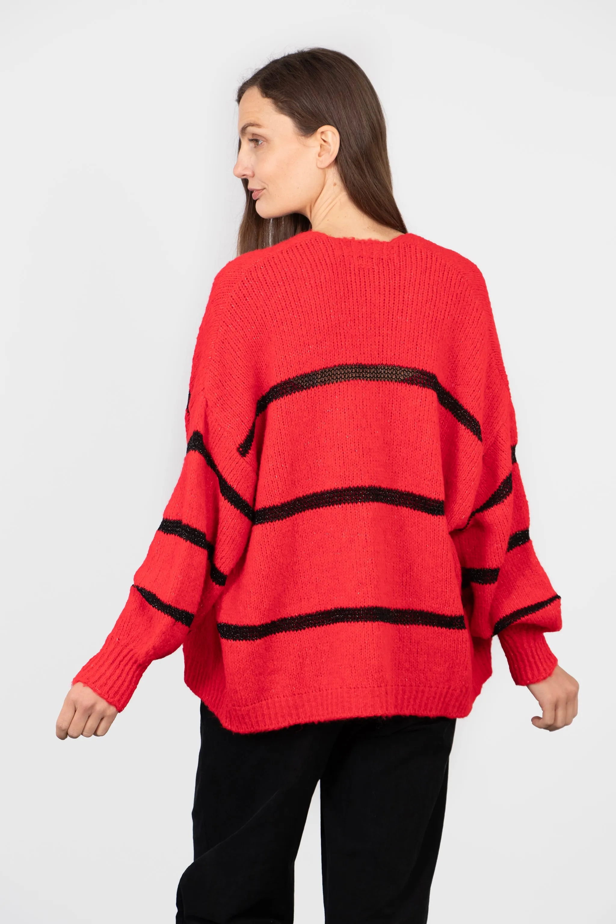 Lucy Cardigan - Red, Black/Striped