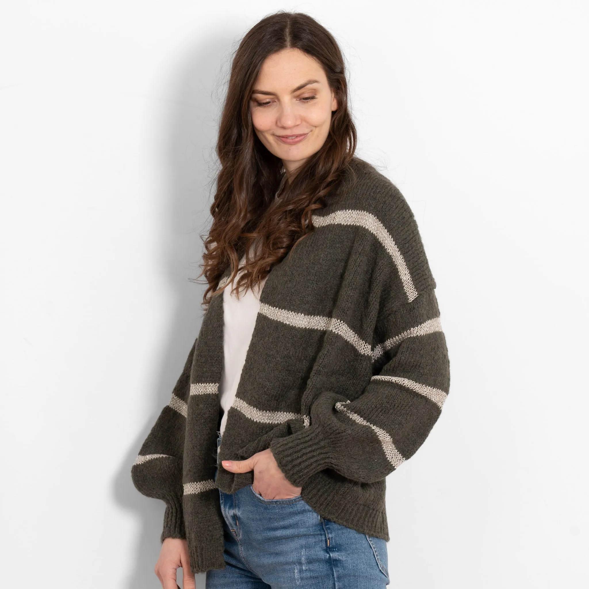 Lucy Wool Blend Cardigan - Khaki, Gold/Striped