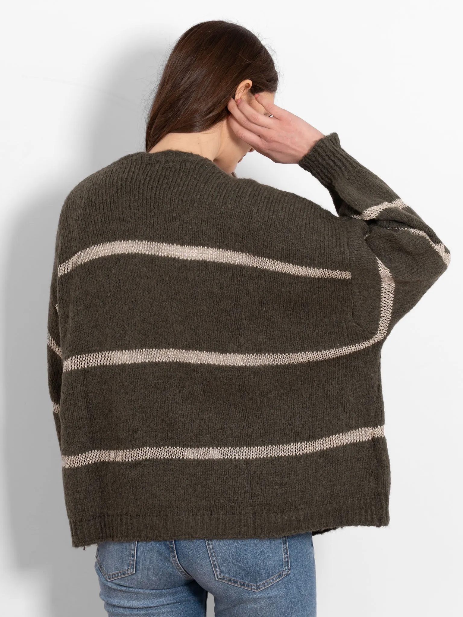 Lucy Wool Blend Cardigan - Khaki, Gold/Striped