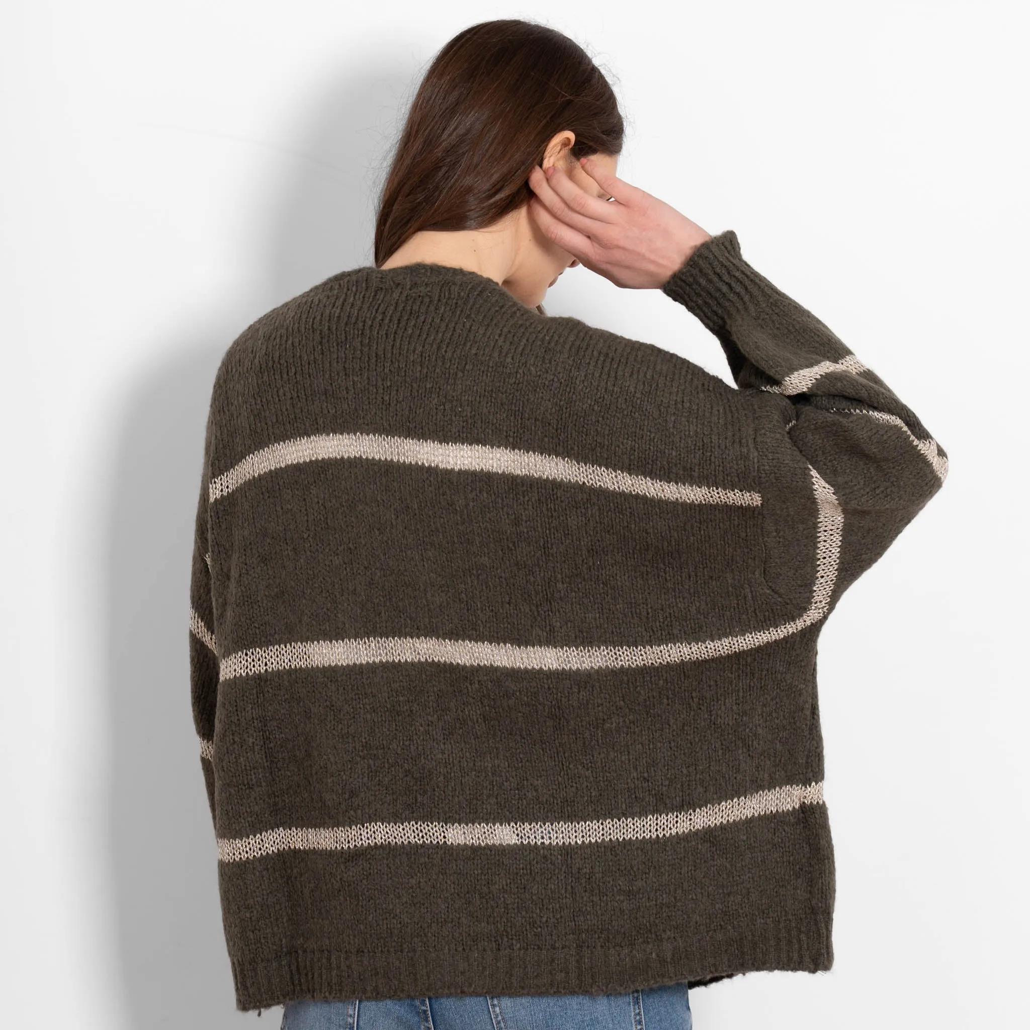 Lucy Wool Blend Cardigan - Khaki, Gold/Striped