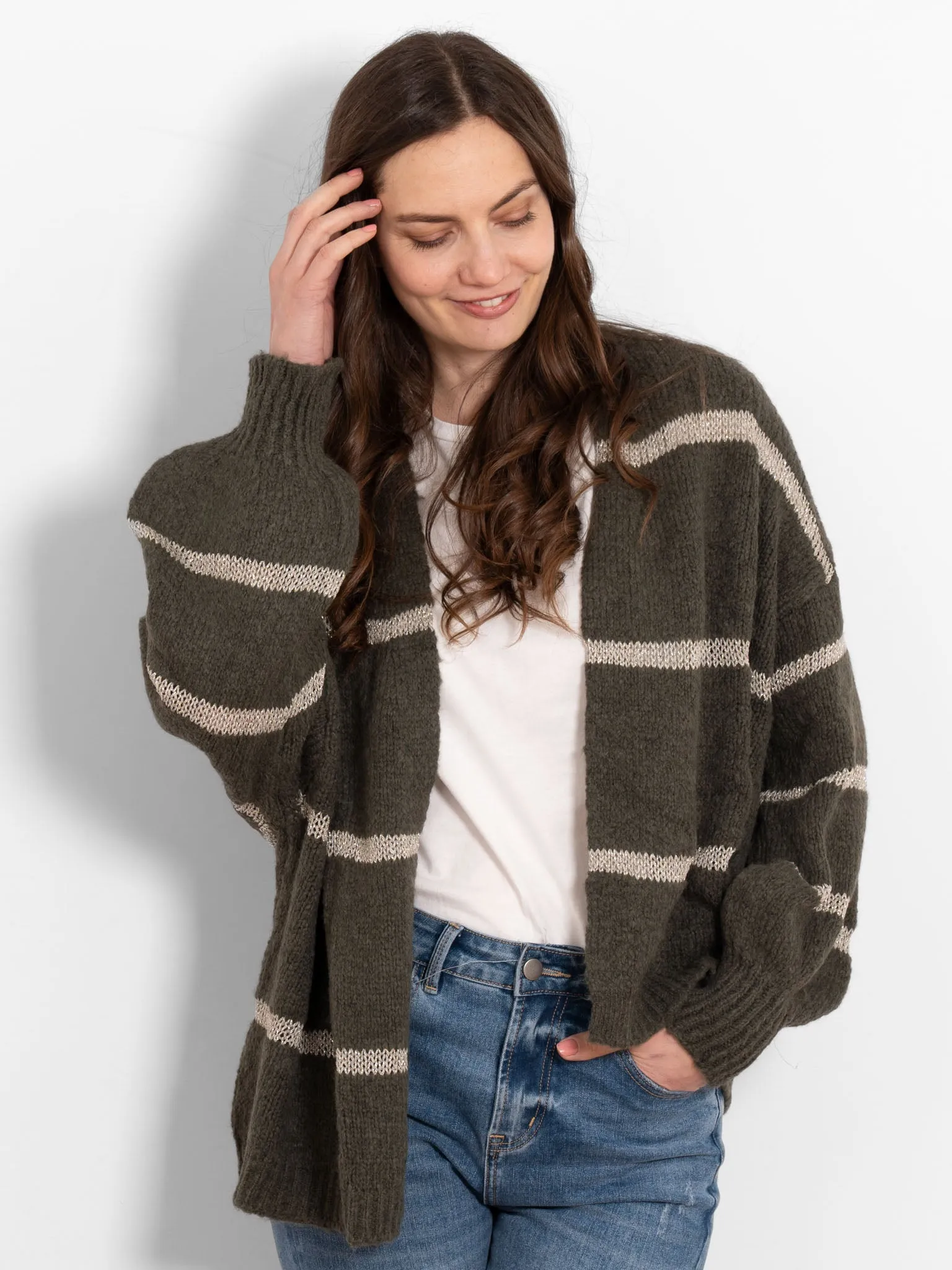Lucy Wool Blend Cardigan - Khaki, Gold/Striped