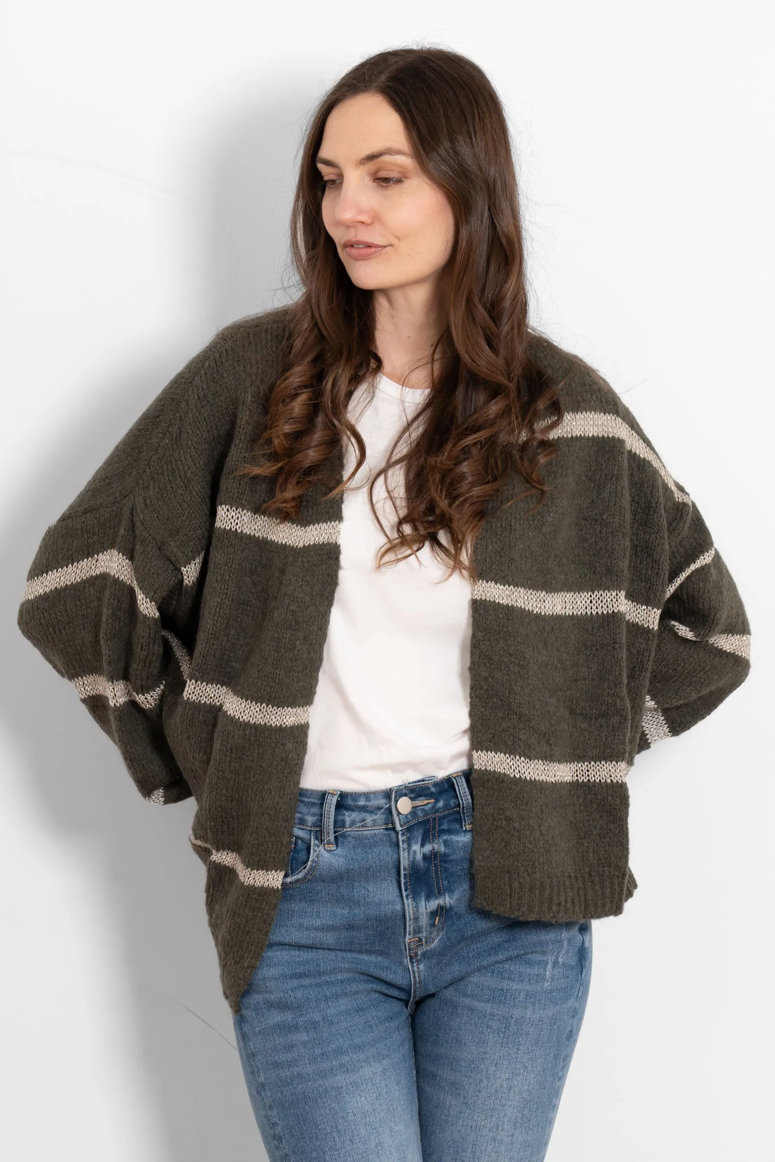 Lucy Wool Blend Cardigan - Khaki, Gold/Striped