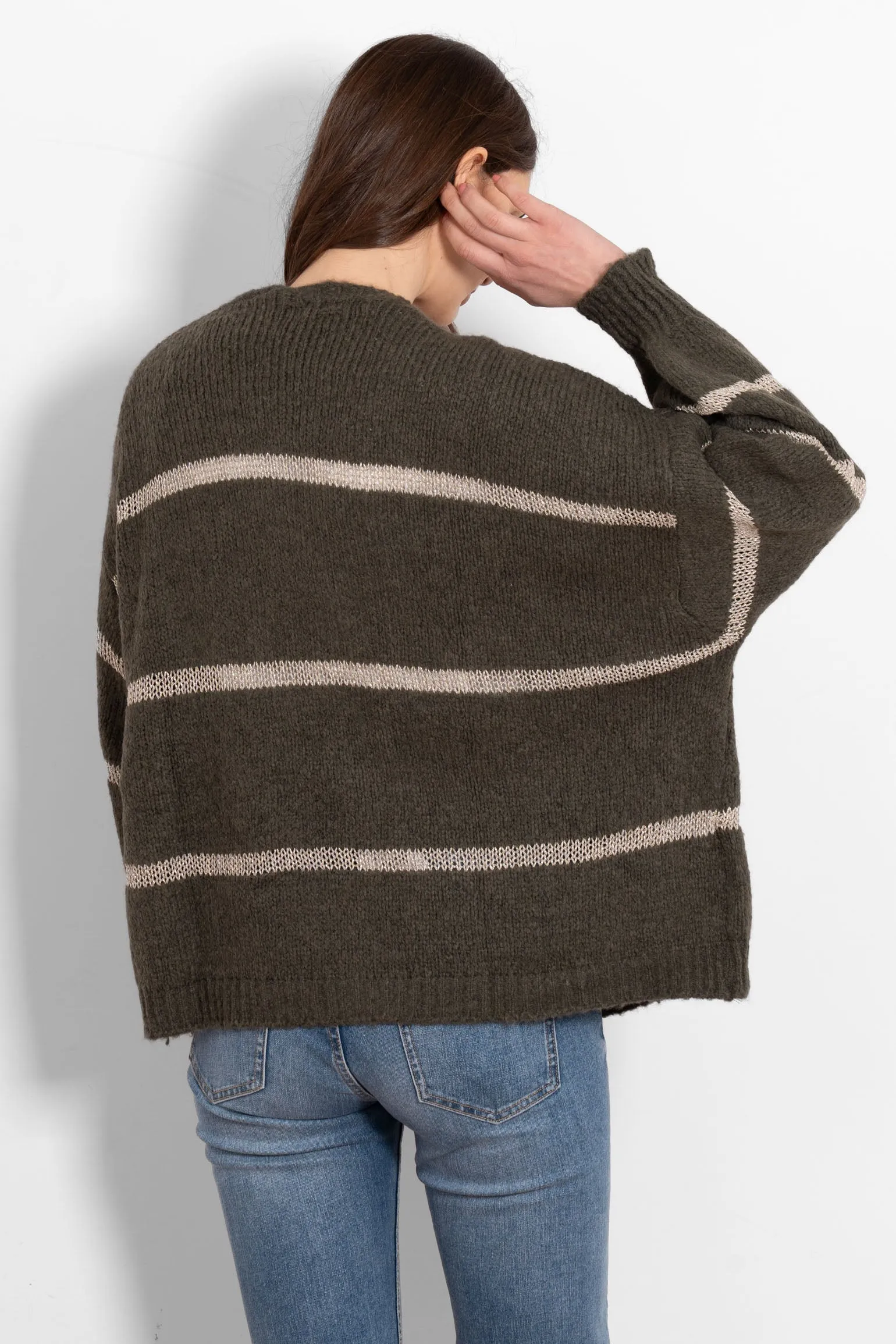 Lucy Wool Blend Cardigan - Khaki, Gold/Striped