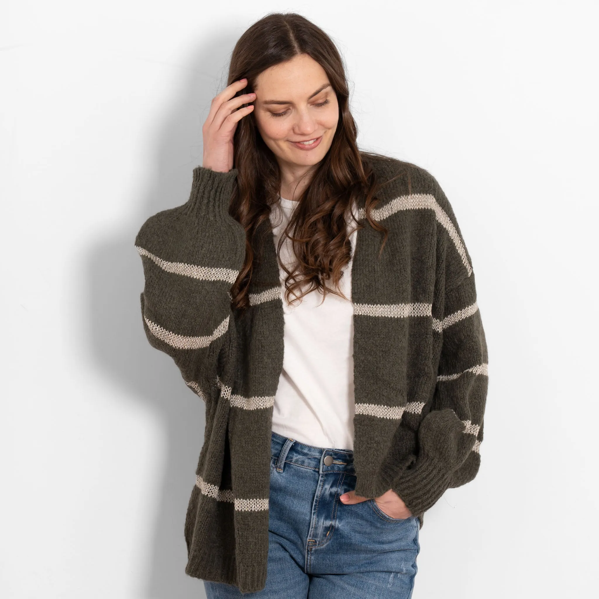 Lucy Wool Blend Cardigan - Khaki, Gold/Striped