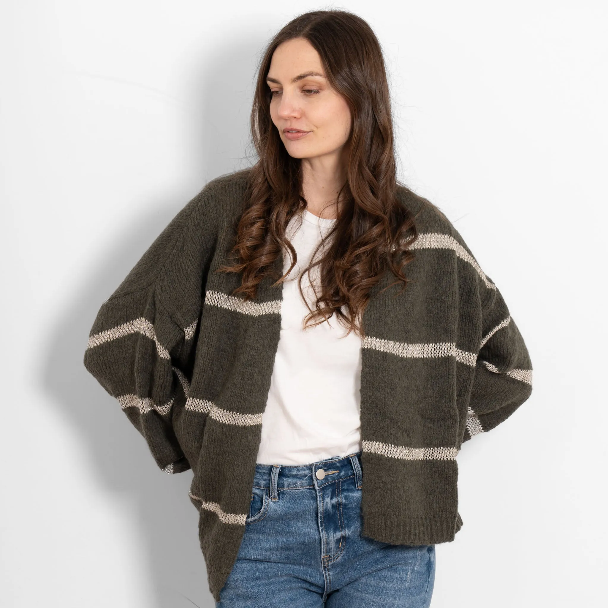 Lucy Wool Blend Cardigan - Khaki, Gold/Striped