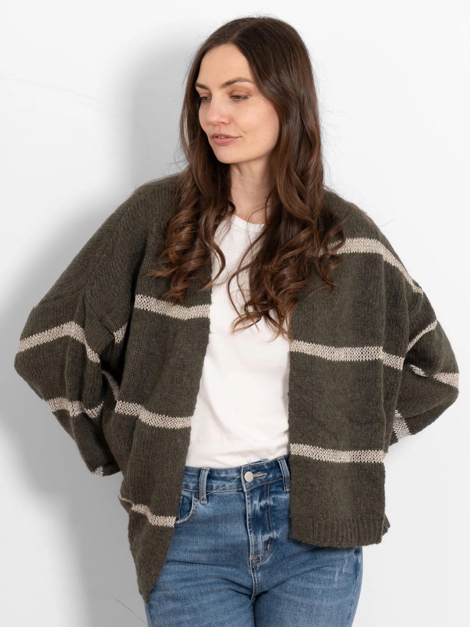 Lucy Wool Blend Cardigan - Khaki, Gold/Striped
