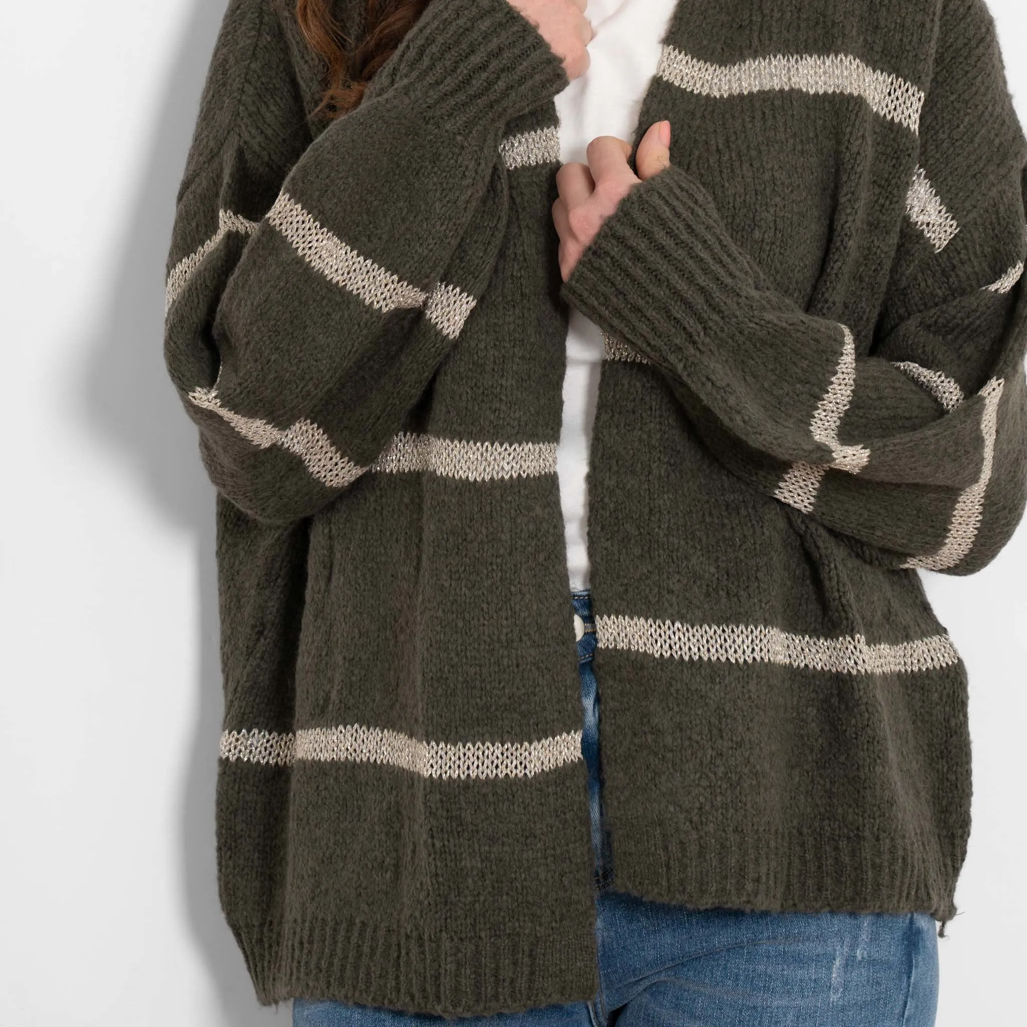 Lucy Wool Blend Cardigan - Khaki, Gold/Striped