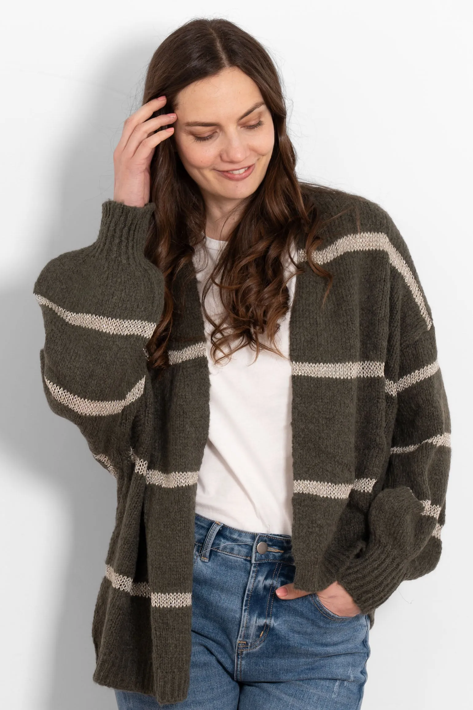 Lucy Wool Blend Cardigan - Khaki, Gold/Striped