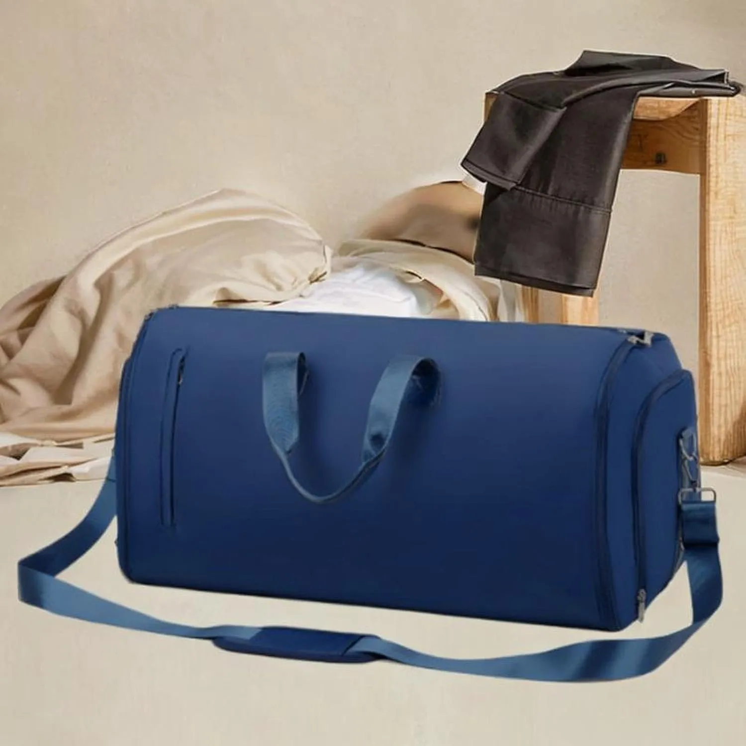 Luggage Bag Leather Duffle Bag for Hiking Holiday Trip Backpacking for Men Women, Dark Blue