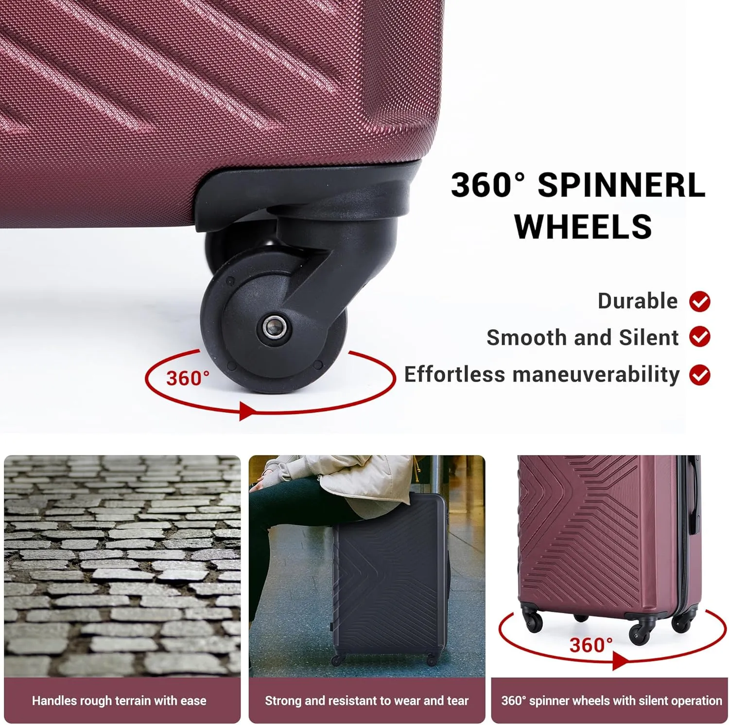 Luggage set,3 piece suitcases with wheels hardshell,TSA lock,Lightweight,20inch Carry-On,24/28inch Checked Luggage(Red)