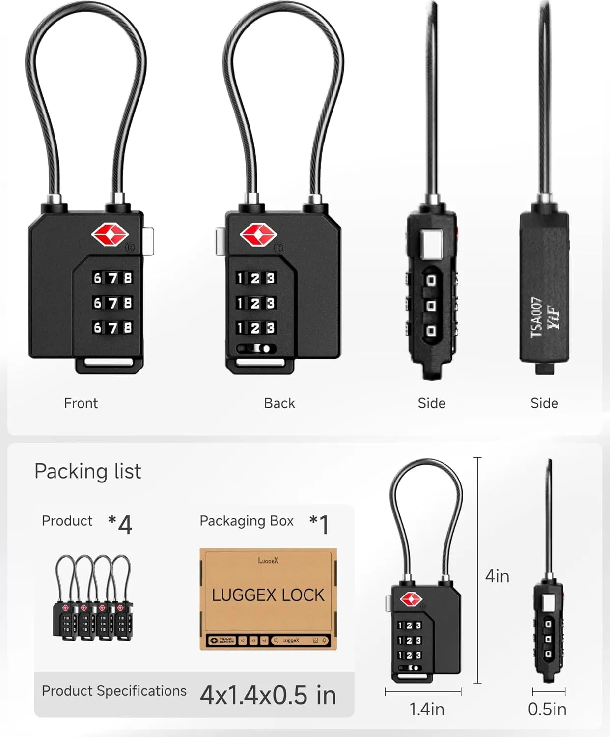 LUGGEX TSA Locks for Luggage, Ultra-Light Combination Lock for Suitcases, Carry-Ons, Backpacks, Gym| Lightweight ABS Cable Lock Set with Gift Box