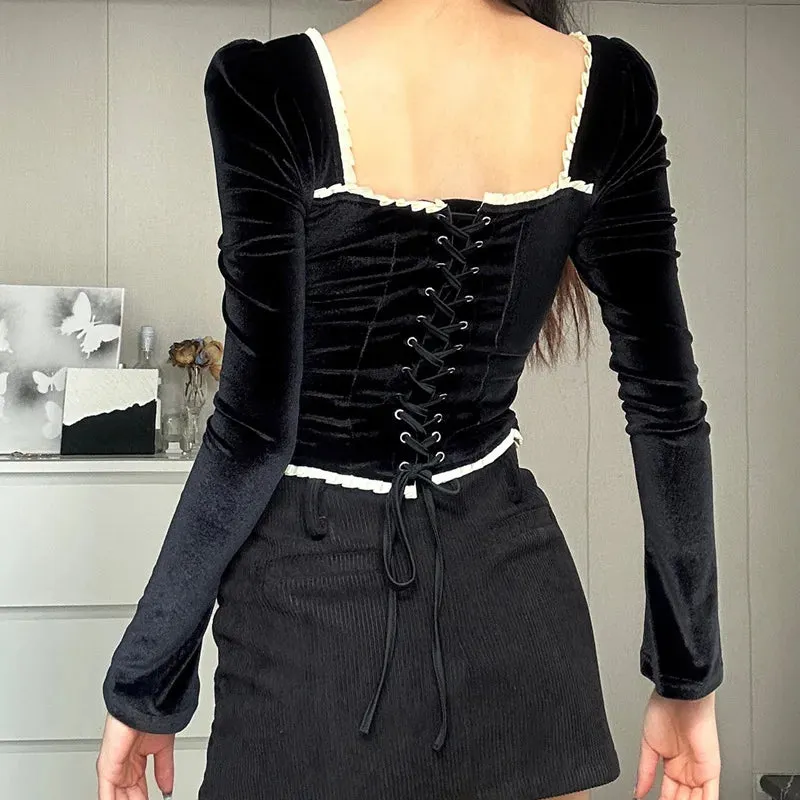 LVSANW DGLUKE Vintage Black Velvet Blouse Top Square Neck Long Sleeve Cropped Blouses For Women Fashion 2025 Elegant Shirts And Blouses