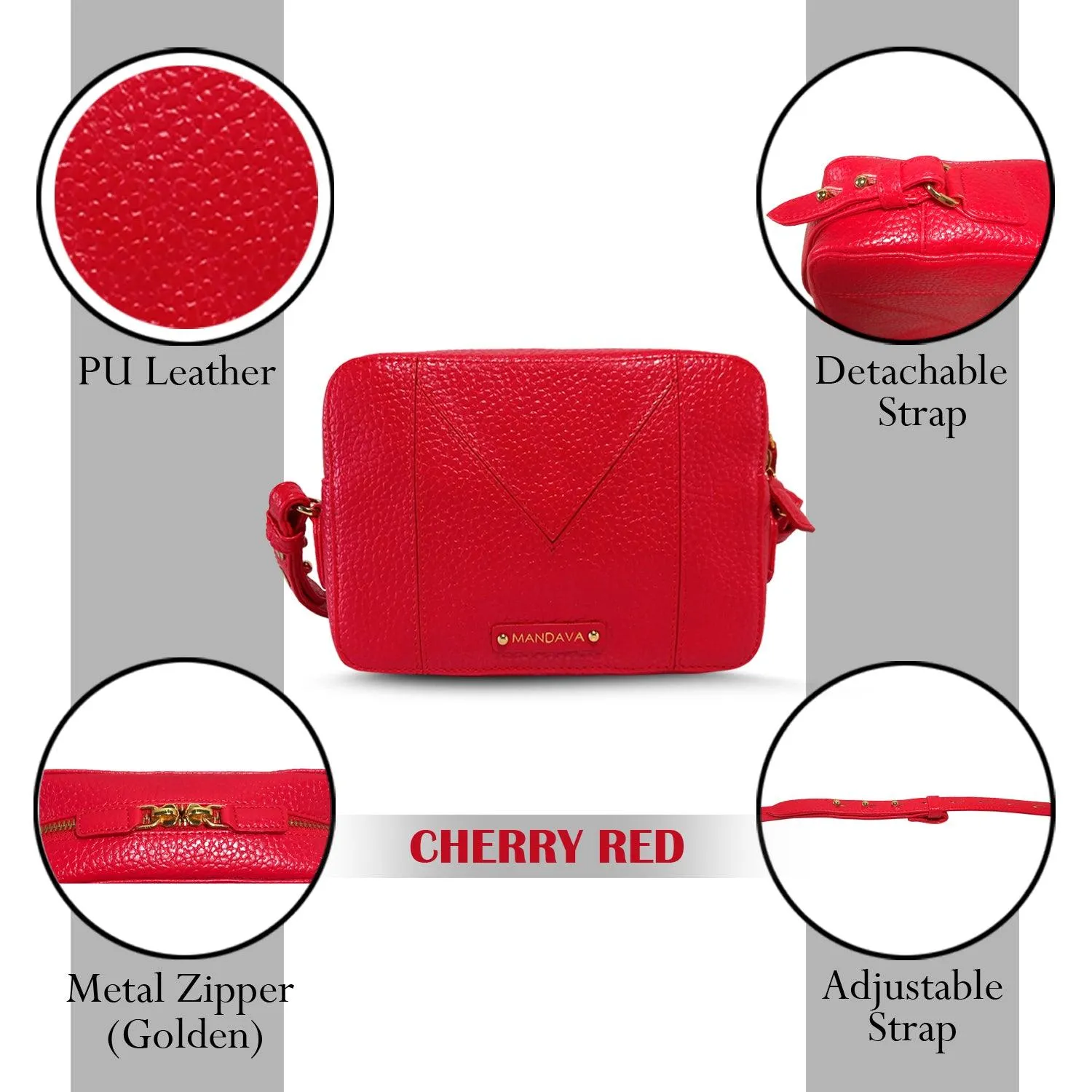MANDAVA Women's PU Leather Crossbody Bag | Ladies Mini Shoulder Bag with Adjustable & Detachable Strap (Cherry Red)