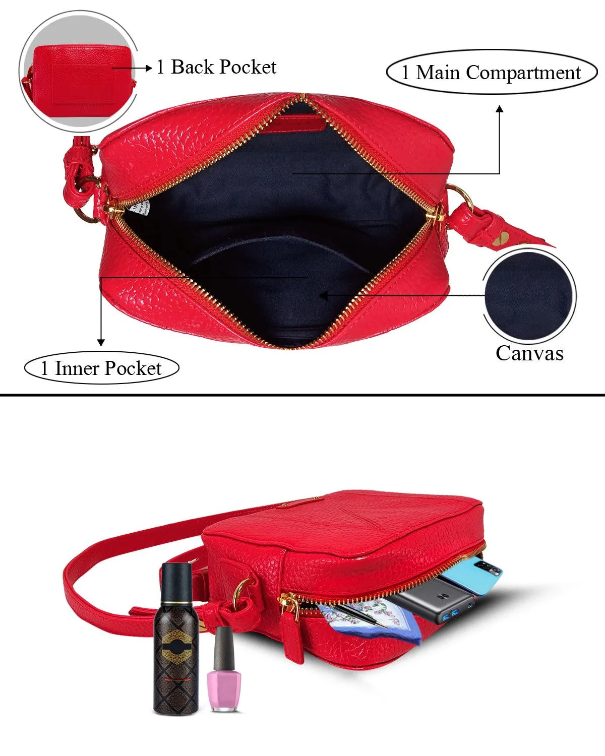 MANDAVA Women's PU Leather Crossbody Bag | Ladies Mini Shoulder Bag with Adjustable & Detachable Strap (Cherry Red)