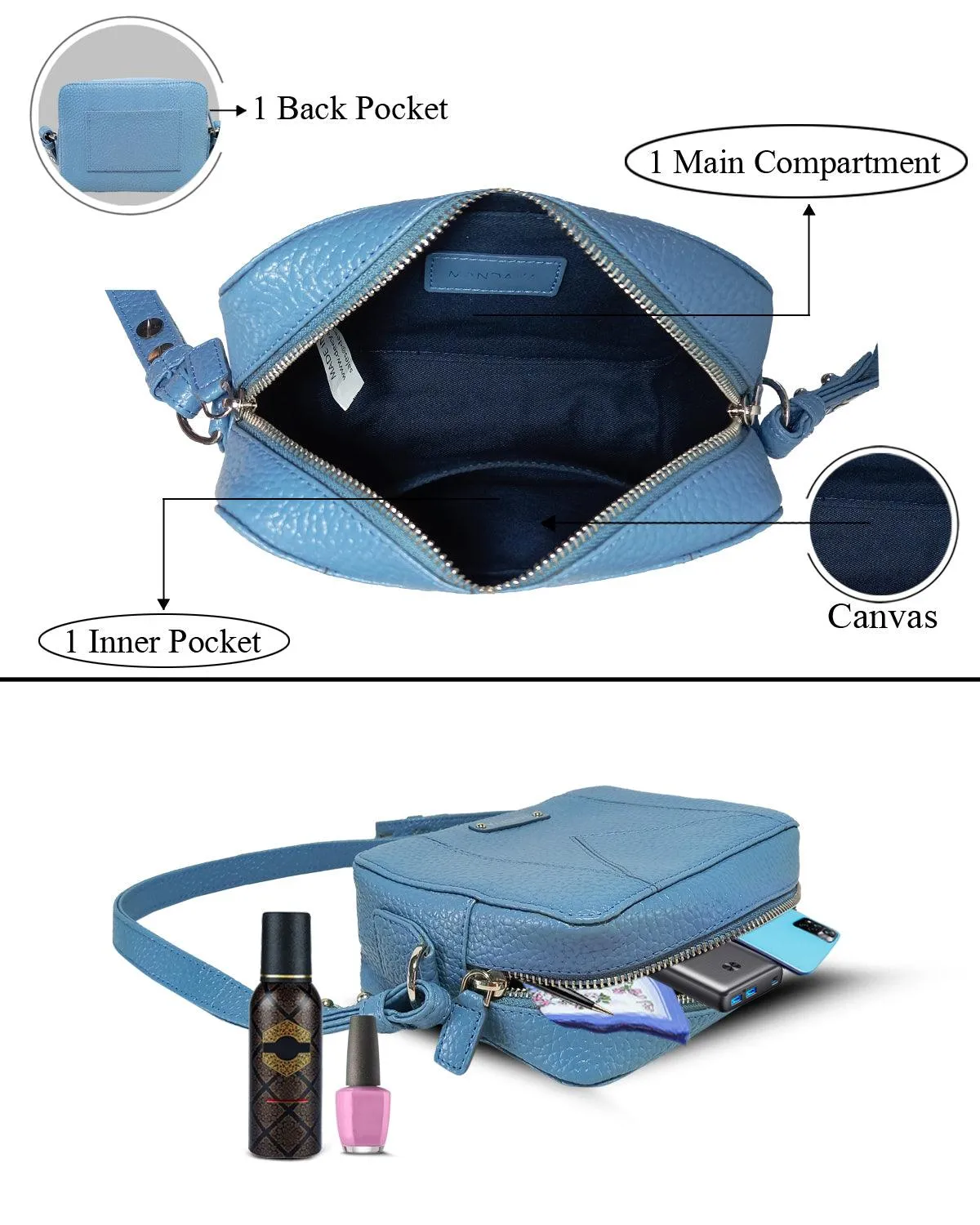 MANDAVA Women's PU Leather Crossbody Bag | Ladies Mini Shoulder Bag with Adjustable & Detachable Strap (Sky Blue)