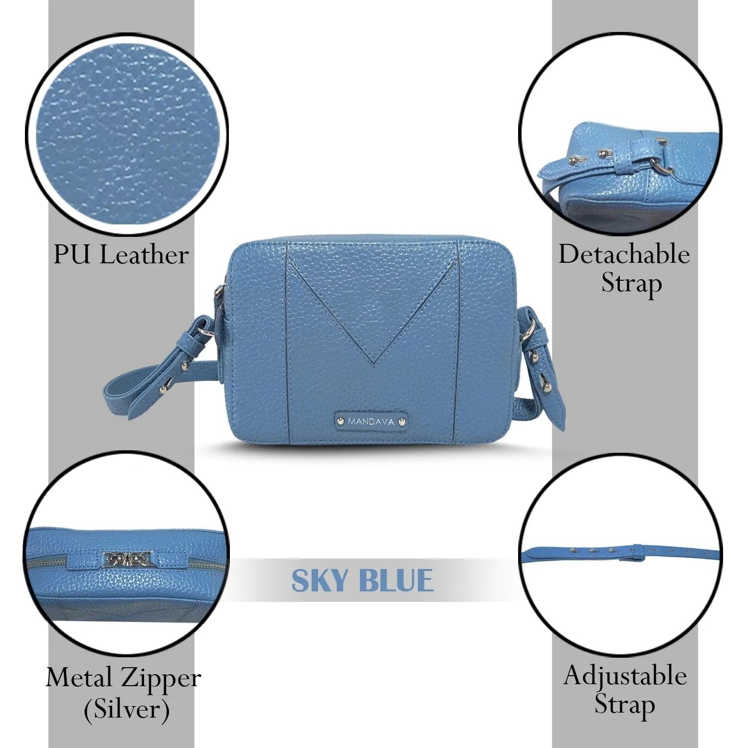MANDAVA Women's PU Leather Crossbody Bag | Ladies Mini Shoulder Bag with Adjustable & Detachable Strap (Sky Blue)