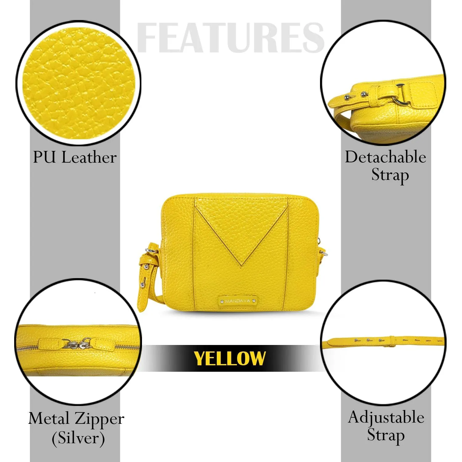 MANDAVA Women's PU Leather Crossbody Bag | Ladies Mini Shoulder Bag with Adjustable & Detachable Strap (Yellow)