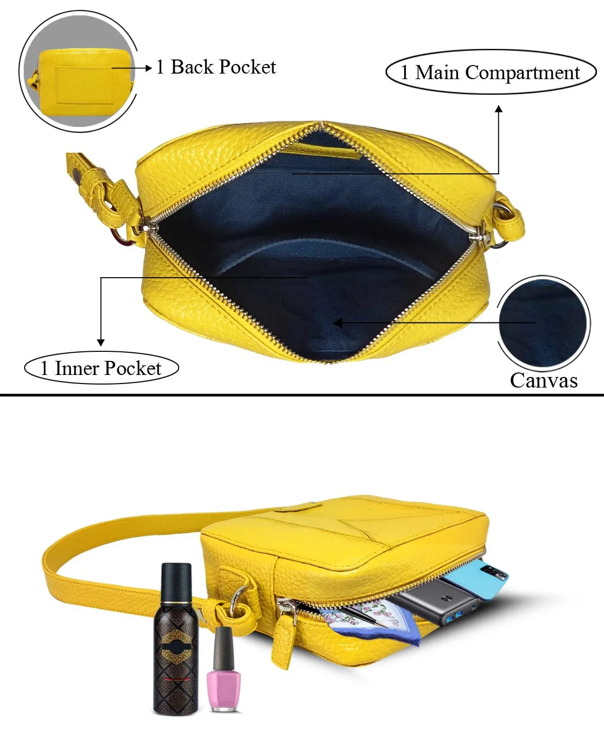 MANDAVA Women's PU Leather Crossbody Bag | Ladies Mini Shoulder Bag with Adjustable & Detachable Strap (Yellow)