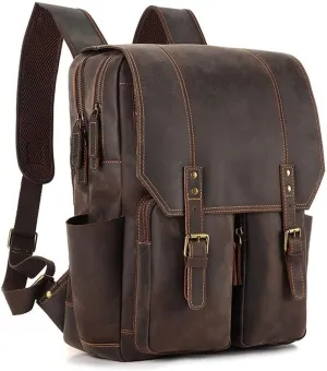 Mens Leather Casual Daypack Travel Bags Hiking Daypacks Laptop Bags Cowhide Backpacks Business Briefcases (Brown)