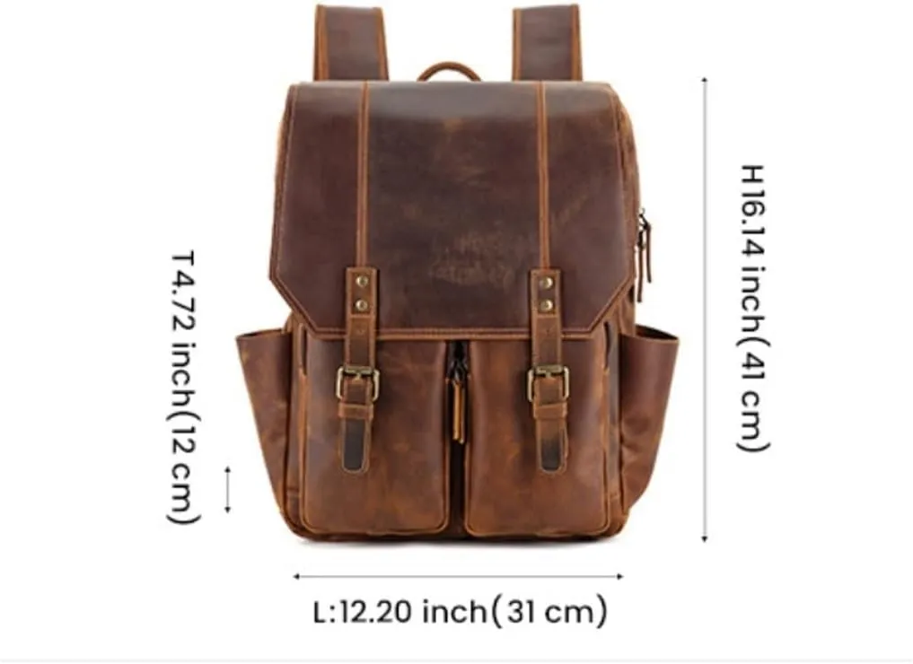 Mens Leather Casual Daypack Travel Bags Hiking Daypacks Laptop Bags Cowhide Backpacks Business Briefcases (Brown)