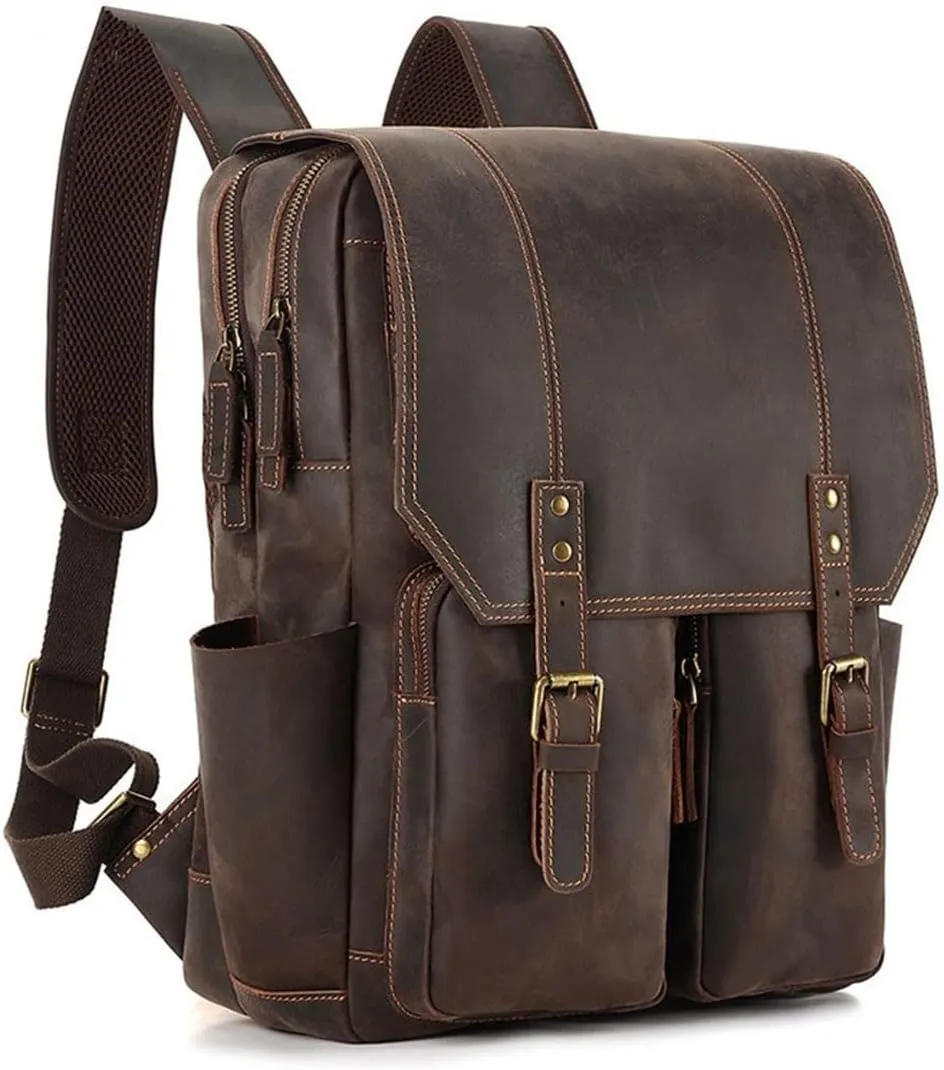 Mens Leather Casual Daypack Travel Bags Hiking Daypacks Laptop Bags Cowhide Backpacks Business Briefcases (Brown)