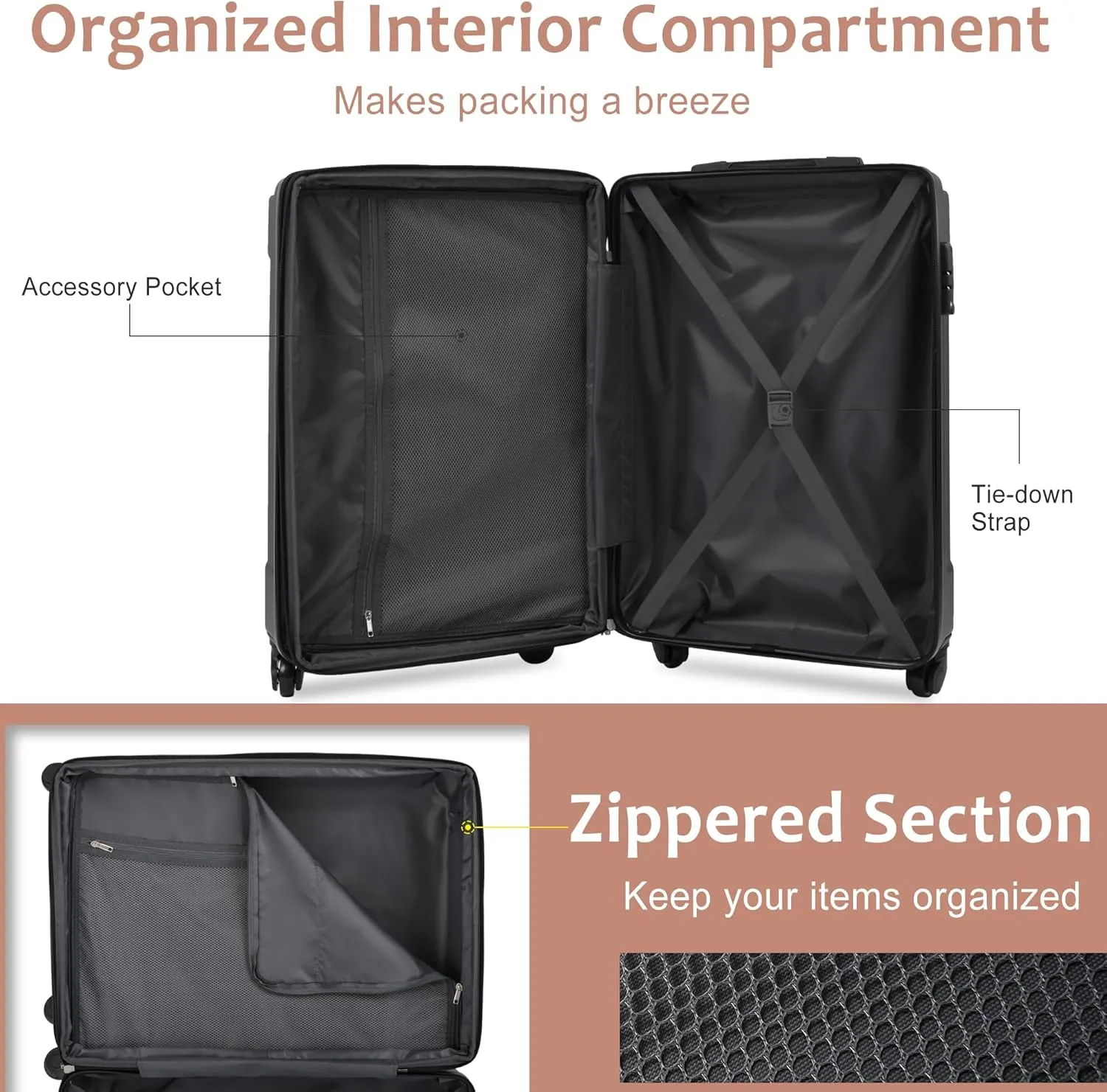 Merax Hardshell Luggage Sets 3 Piece Set 20" Carry-on ABS Suitcase Double Spinner Wheels with TSA Lock Suitcase set Expandable Travel Bags for Men and Women (Black, 6 Peice)