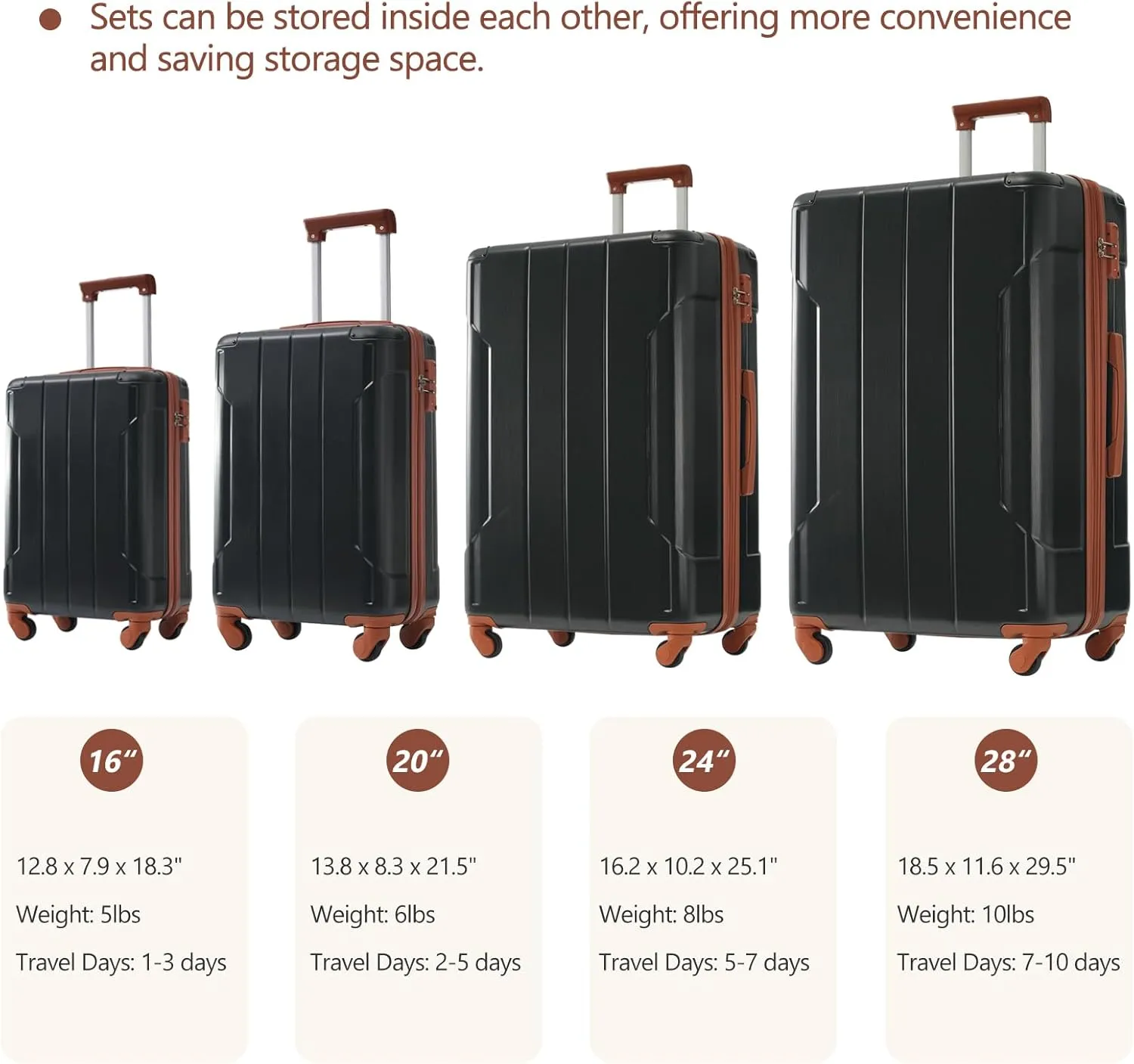 Merax Hardshell Luggage Sets 3 Piece Set 20" Carry-on ABS Suitcase Double Spinner Wheels with TSA Lock Suitcase set Expandable Travel Bags for Men and Women (Black, 6 Peice)