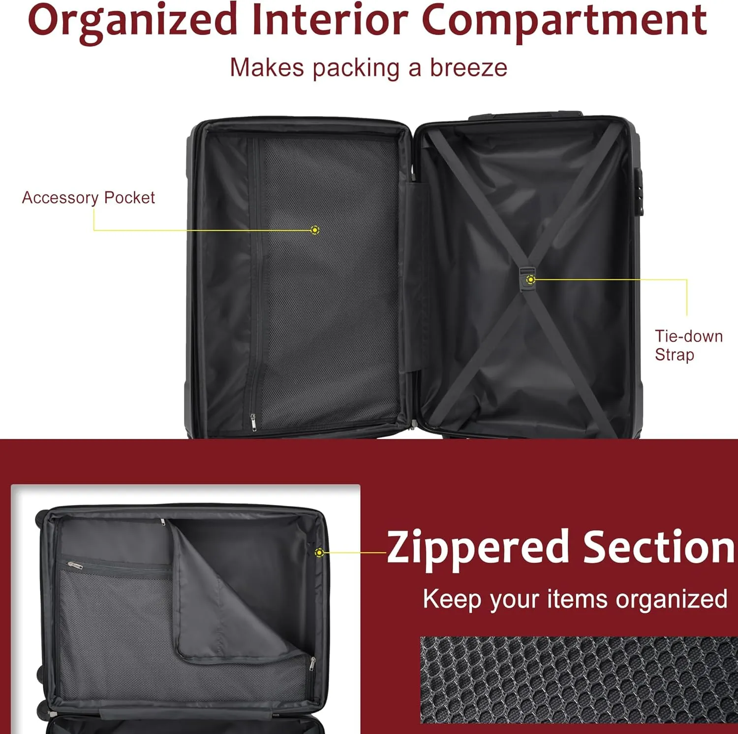 Merax Hardshell Luggage Sets 3 Piece Set 20" Carry-on ABS Suitcase Double Spinner Wheels with TSA Lock Suitcase set Expandable Travel Bags for Men and Women (Red, 3 PCS(20" 24" 28"))