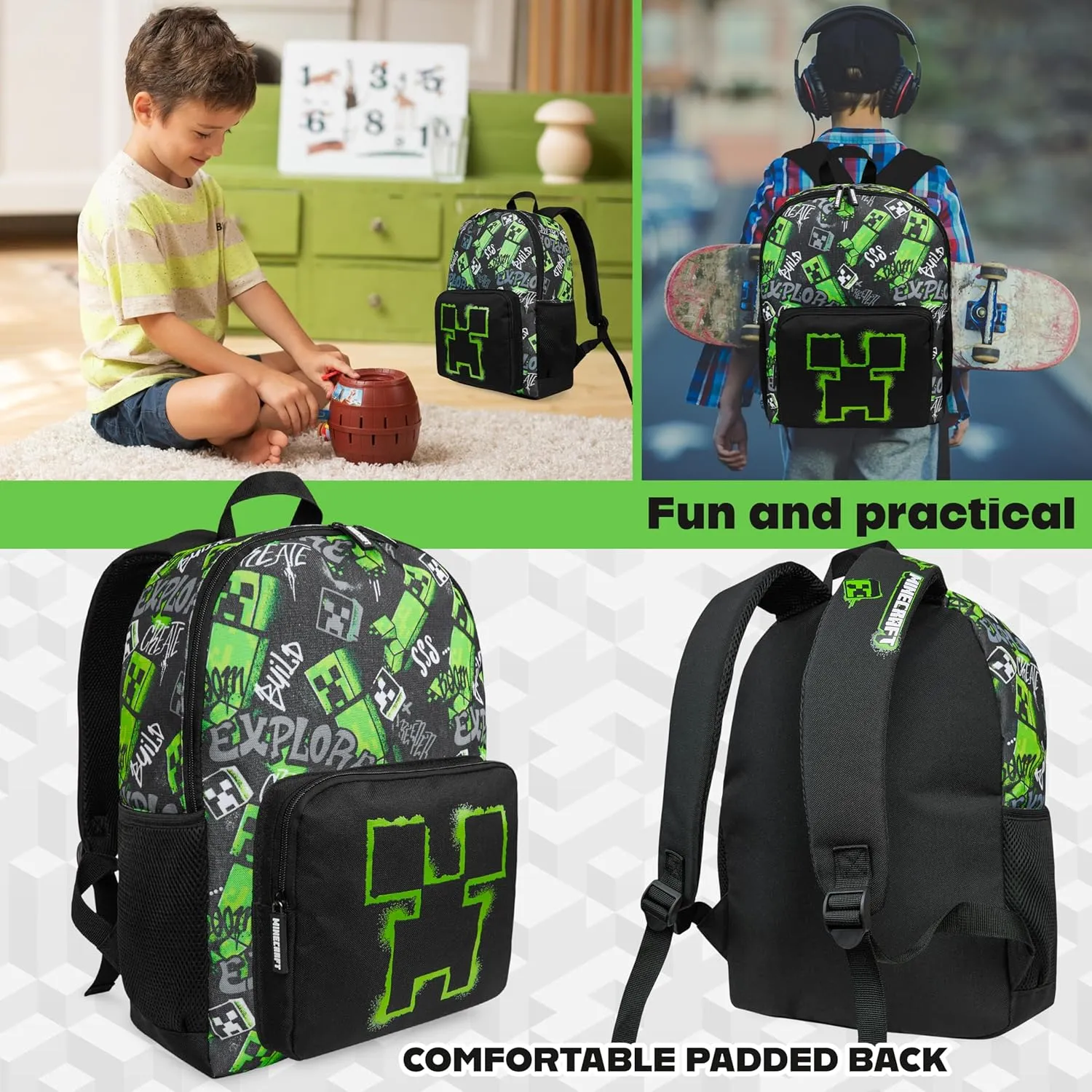 Minecraft Backpacks for Kids Creeper Boy Bag with Zipped Pockets Adjustable Straps Kids Bag for Gaming Travel and School Backpack Boy Gifts (Black, 15.74x11.41x6.69inch)