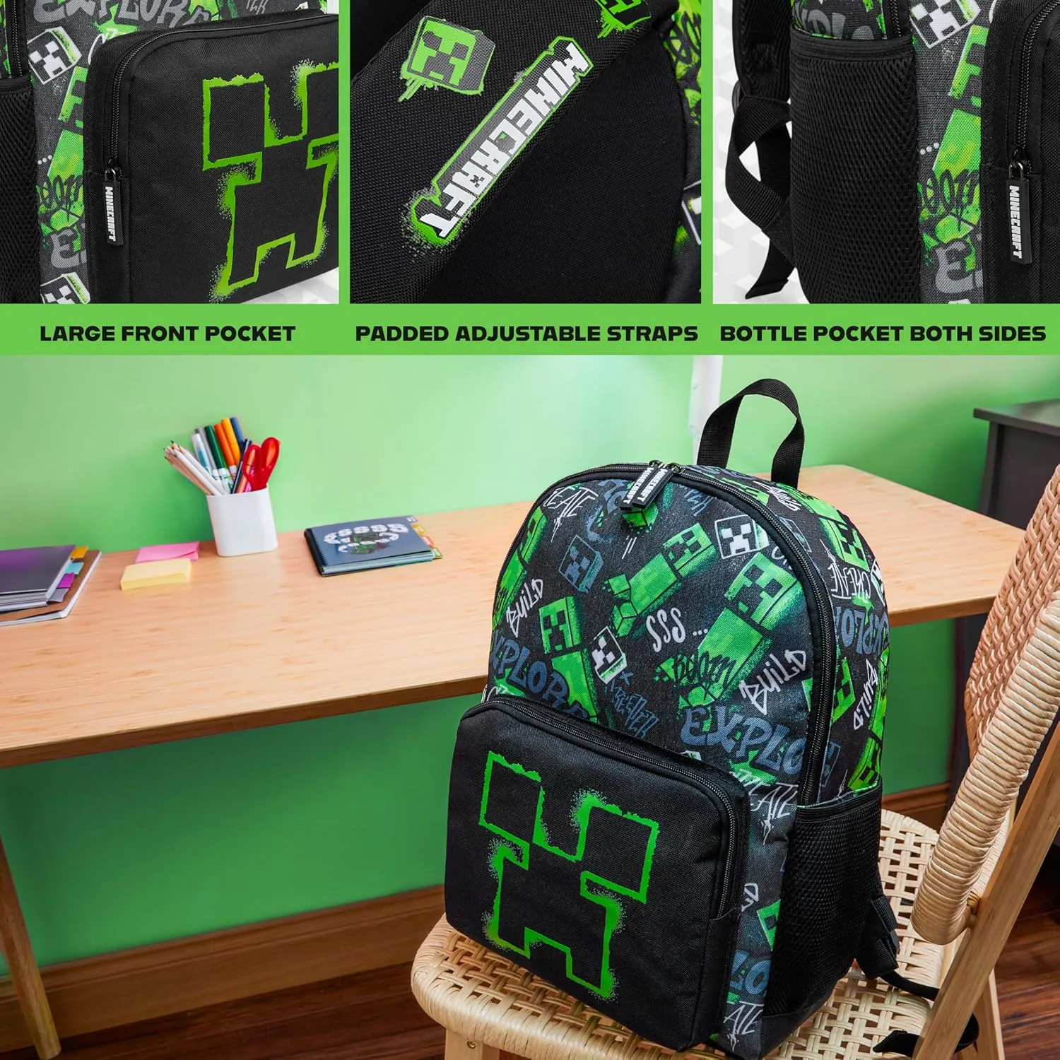 Minecraft Backpacks for Kids Creeper Boy Bag with Zipped Pockets Adjustable Straps Kids Bag for Gaming Travel and School Backpack Boy Gifts (Black, 15.74x11.41x6.69inch)