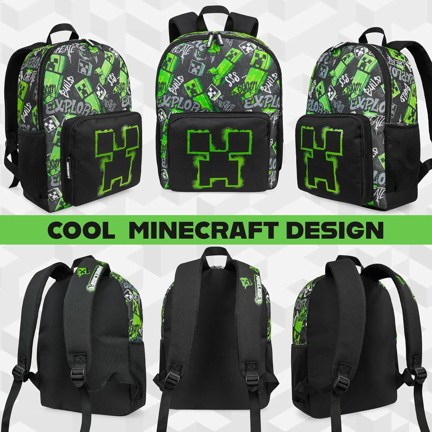 Minecraft Backpacks for Kids Creeper Boy Bag with Zipped Pockets Adjustable Straps Kids Bag for Gaming Travel and School Backpack Boy Gifts (Black, 15.74x11.41x6.69inch)
