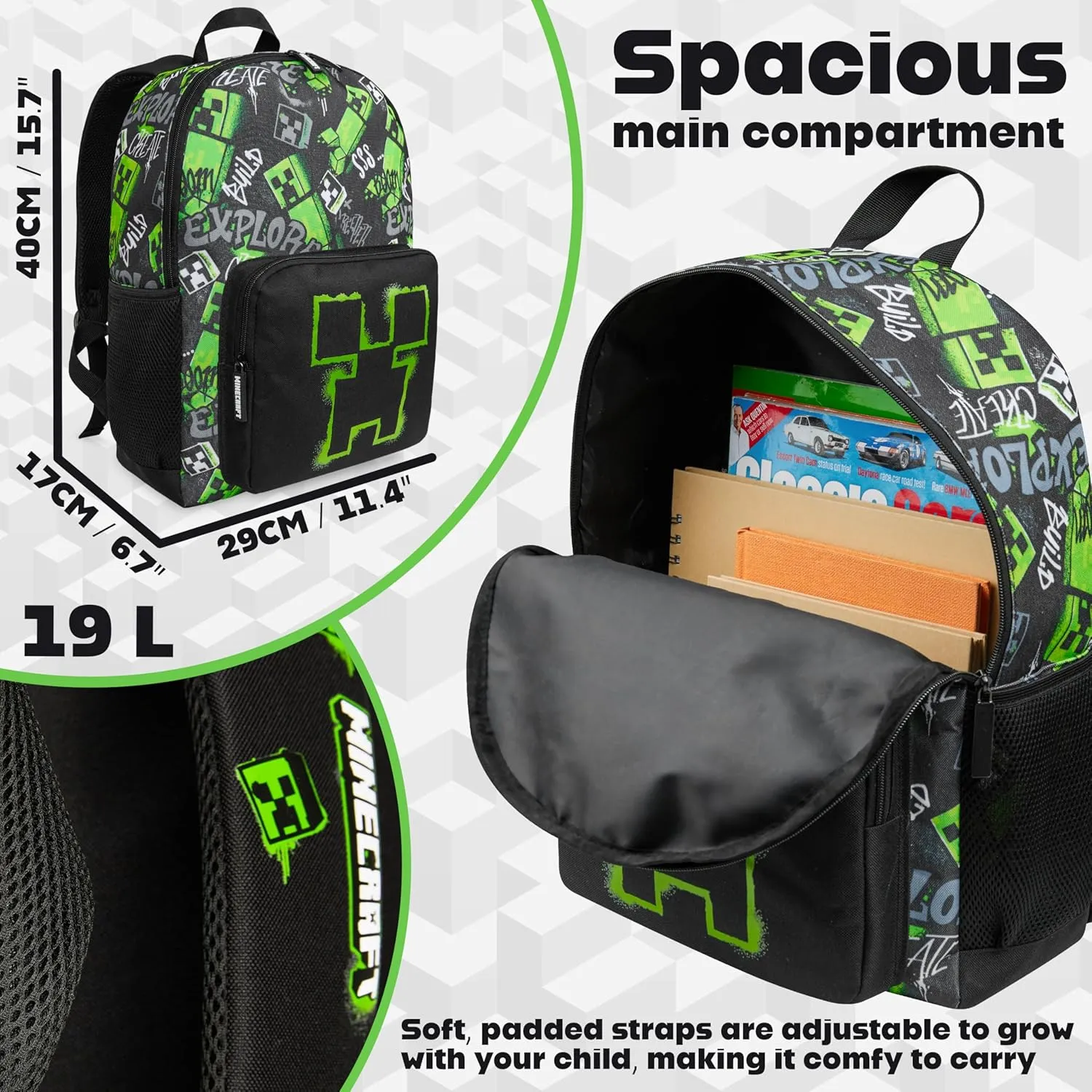 Minecraft Backpacks for Kids Creeper Boy Bag with Zipped Pockets Adjustable Straps Kids Bag for Gaming Travel and School Backpack Boy Gifts (Black, 15.74x11.41x6.69inch)